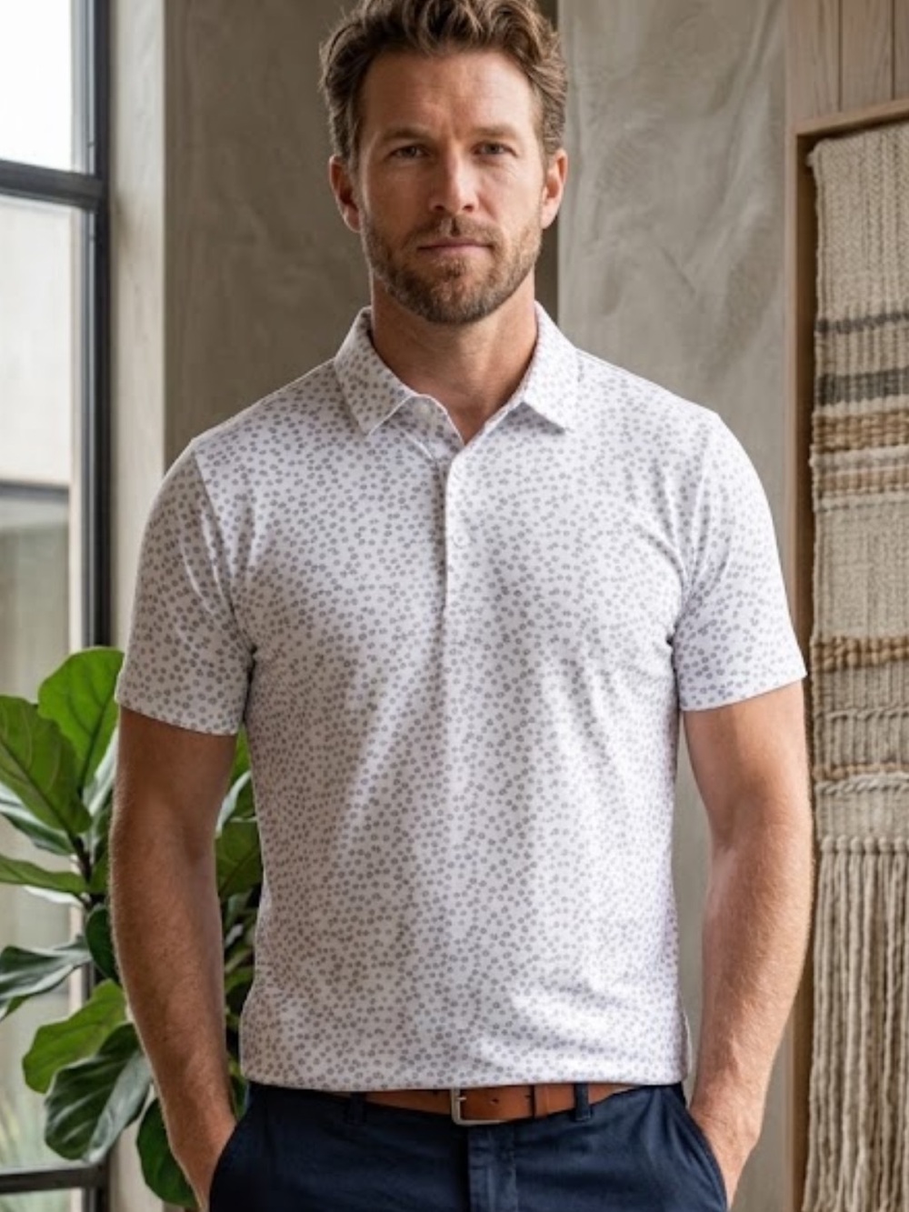 STITCH Golf Polo Men’s M Blue White Abstract Geometric Print Feather Logo
BB